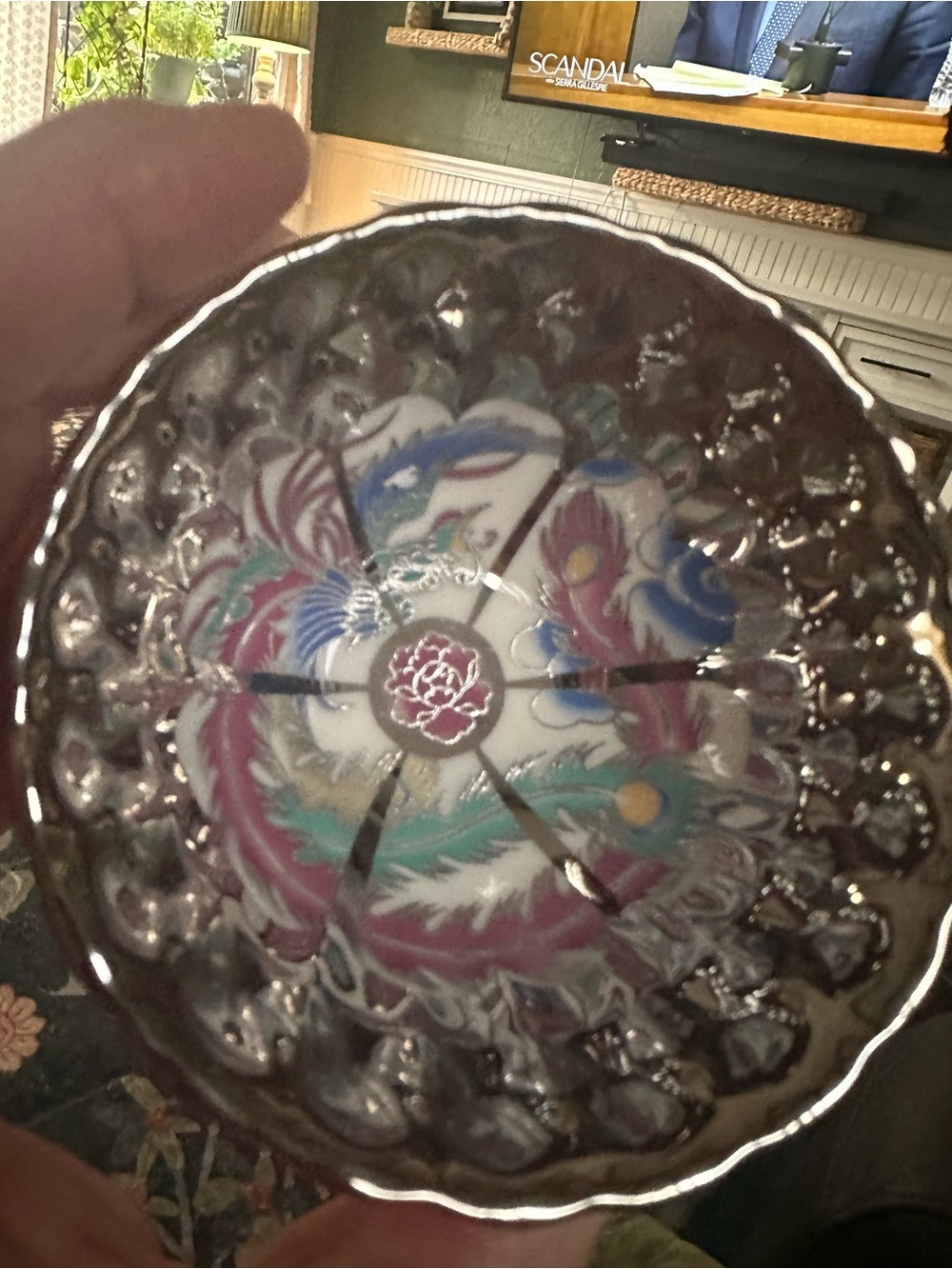 Hand-Painted Floral Glass Dish in Pink, Blue & Green - Unbranded